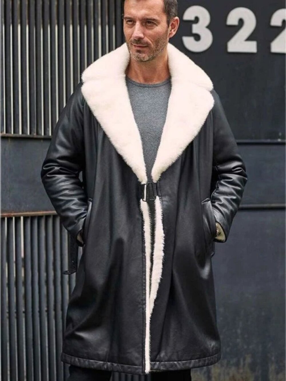 Men’s Winter Shearling Fur Black Leather Long Trench Coat